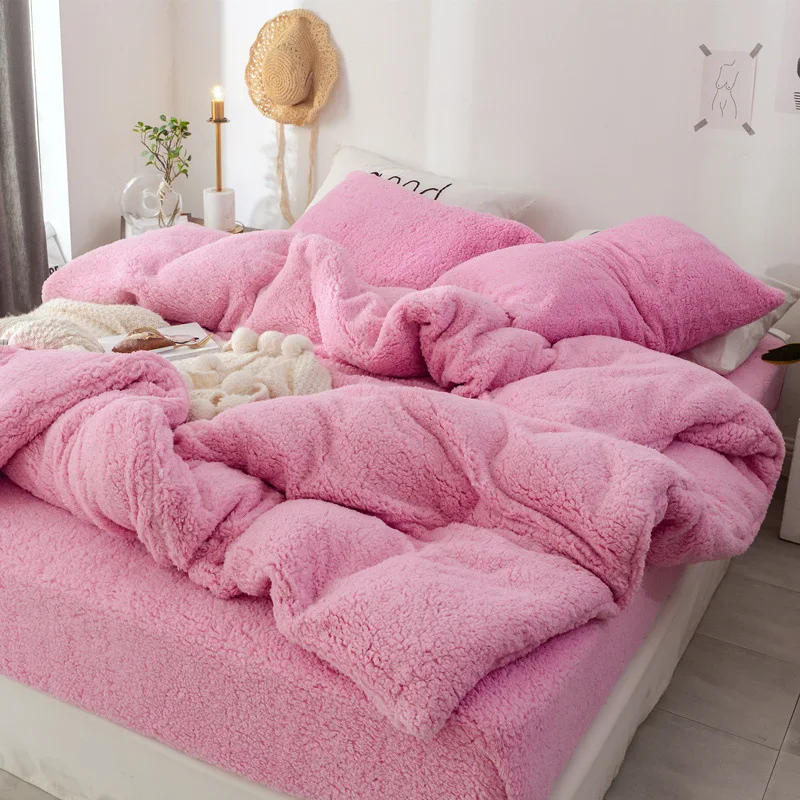 Однотонный Комплект постельного белья из овечьей шерсти и кашемира, новинка, уплотненное Фланелевое флисовое постельное белье, бархатный набор пододеяльников, покрывало, наволочка - Цвет: pink