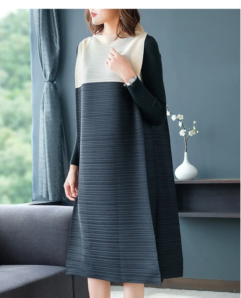 HOT SELLING Miyake Fashion fold sleeveless patchwork stand neck dress IN STOCK