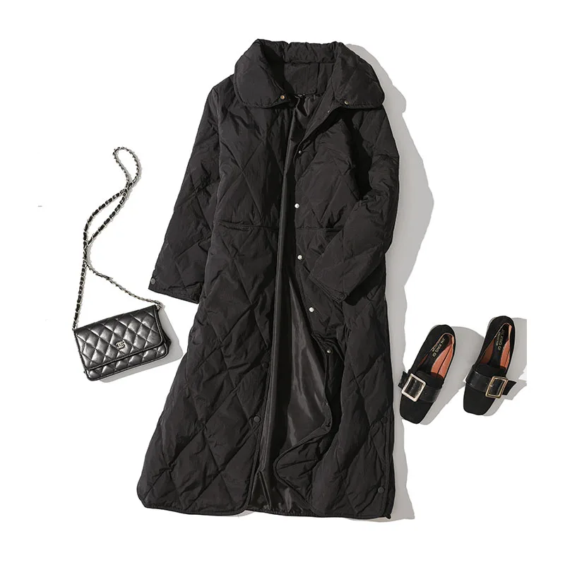 YNZZU, длинный стиль, Ретро стиль, Осень-зима, женский пуховик, Одноцветный, Khika, однобортный, белый, утиный пух, пальто, верхняя одежда, A1367 - Цвет: Черный