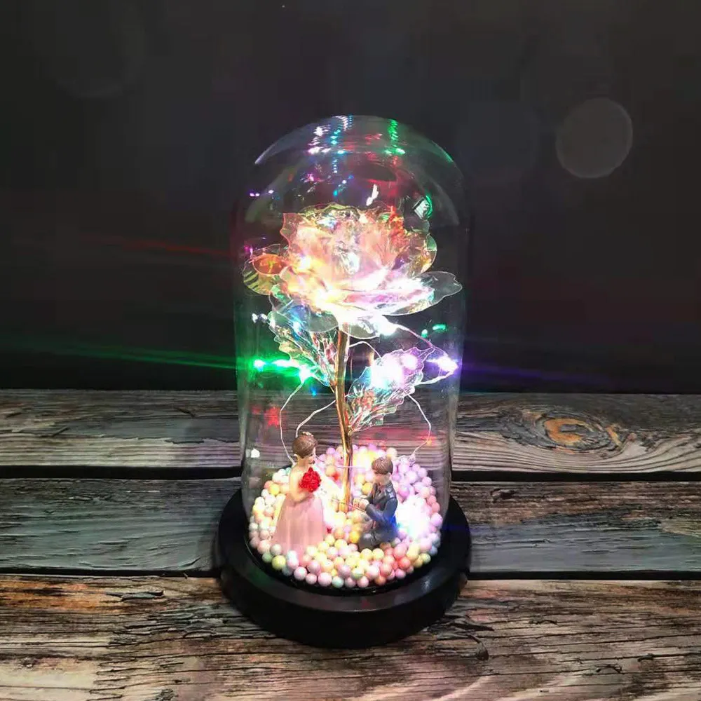 

Bright Color Beauty And The Beast Red Rose In A Glass Dome On A Wooden Base For Valentine'S Gifts Mother'S Day LED Rose Lamps