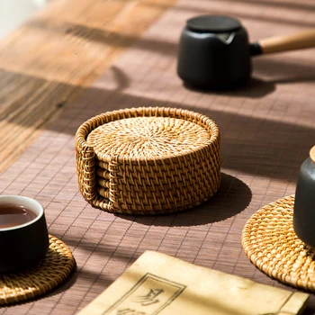 

6pcs Handmade Woven Rattan Placemats Thermal Insulation Coffee Cup Placemats with Storage for Home Ornament