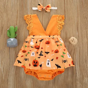 

Outfits Newborn Baby Clothes Girls Costume Halloween Suspender Dress Cotton Romper Bodysuit+Hairband Set Children Clothes