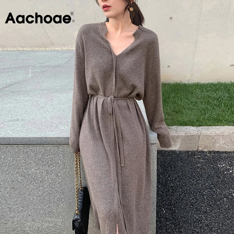 Aachoae Women Elegant Solid Midi Dress With Belt 2020 V Neck Korean Chic Dresses Long Sleeve Casual Knitted Sweater Dress Robe Aachoae Women Elegant Solid Midi Dress With Belt 2020 V Neck Korean Chic Dresses Long Sleeve Casual Knitted Sweater Dress Robe