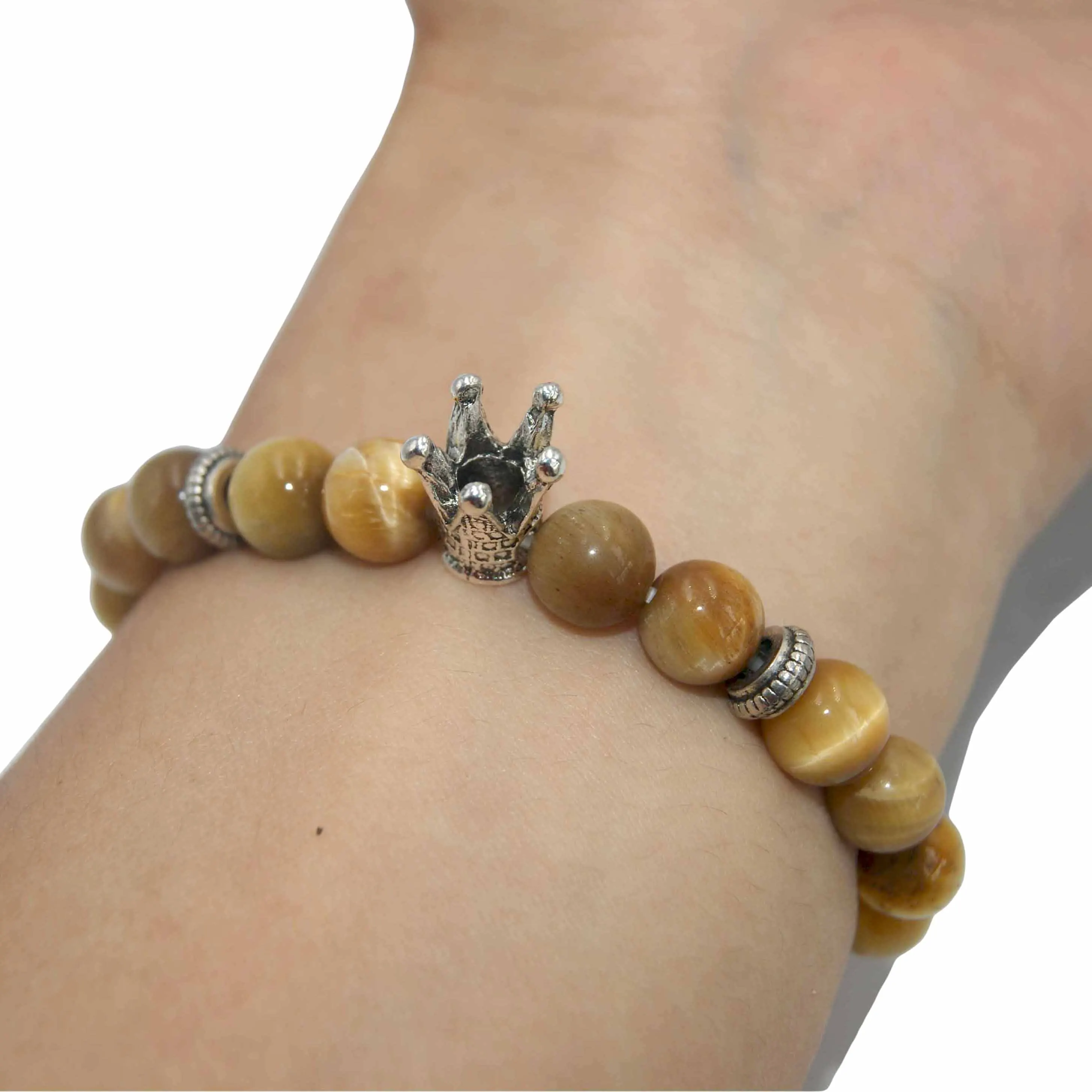 Golden Tiger eye Натуральный камень Серебристая Корона Браслет Лазурит Агаты тигровый глаз камень Бусины Йога браслет ювелирные изделия для мужчин женщин друг подарок - Окраска металла: Golden Tiger eye