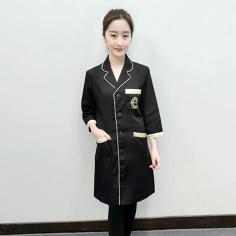 Korean ladies Slim black coat laboratory Robe science lab coat beauty salonSlim Beautician Work clothes Beauty uniforms