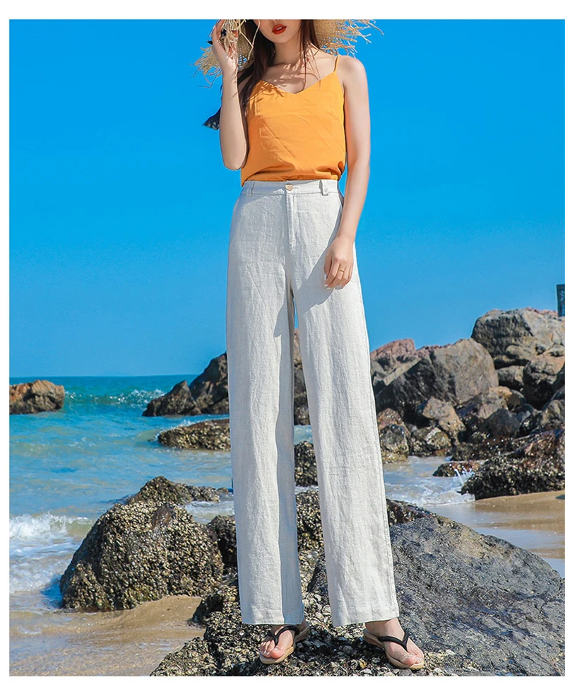 Casual Cotton Linen wide leg Beach pants bohemian loose pants female  vintage high waist Solid color straight trousers women capri clothing