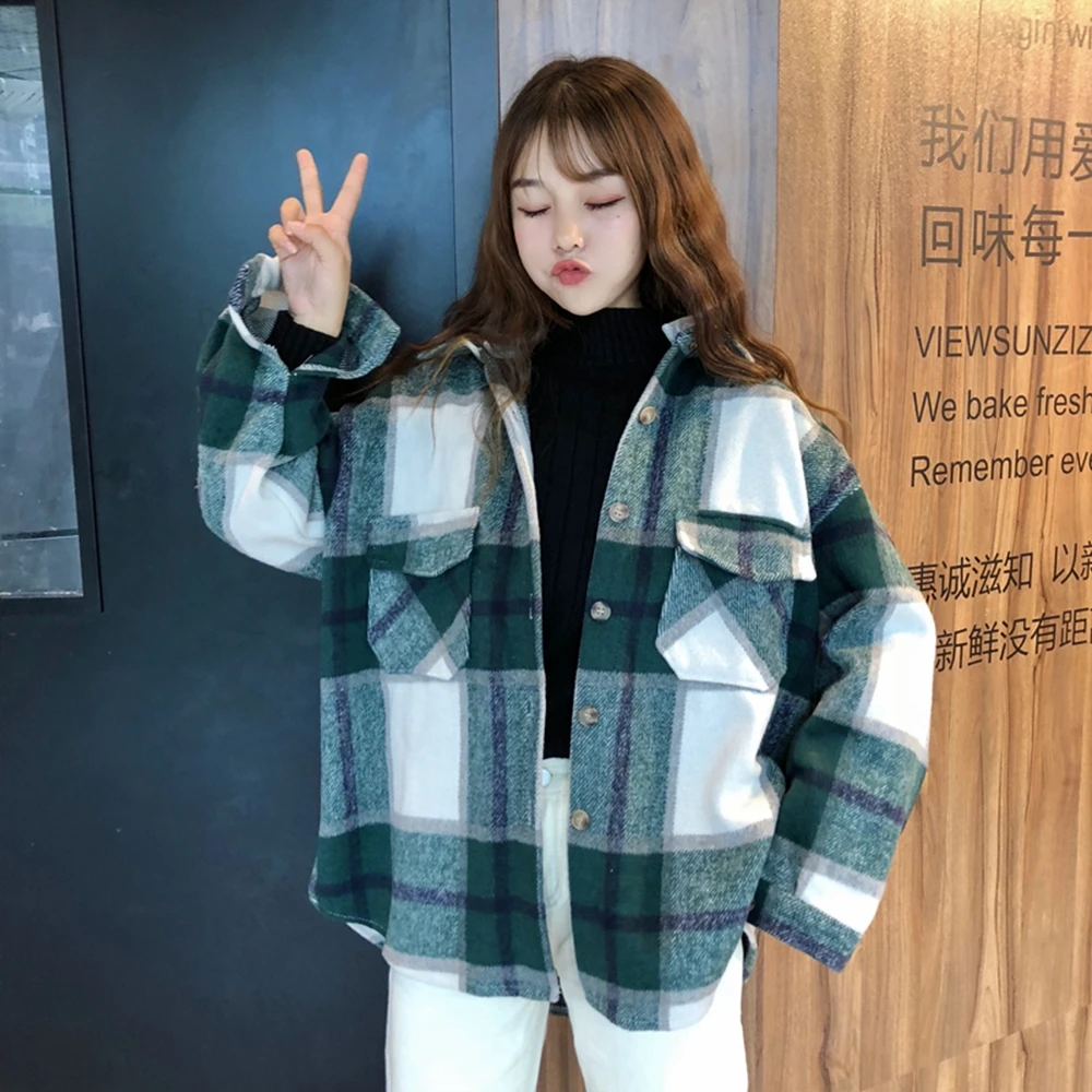 

LOOZYKIT Women Casual Jackets 2019 Autumn Plaid Oversize Jackets Loose Causal Checker Streetwear Coat Long Sleeve Button Coats