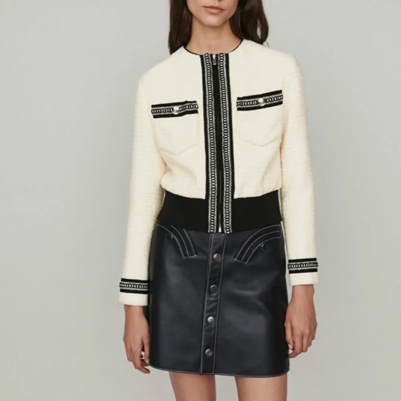 

Runway High Quality Women's Patchwork Wool Jackets Short Zipper Coats Autumn Office Lady's Woolen O-neck Coat Cotton Clothing