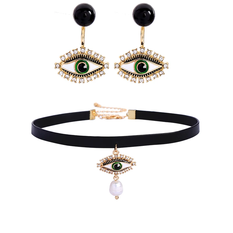 

Evil Eyes Jewelry Sets Black Acrylic Earrings Crystal Necklace Choker Pearls For Women Fashion Accessory 2019 Statement