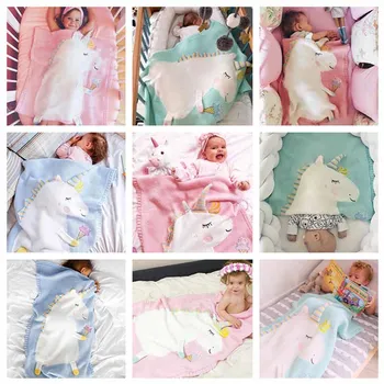 

New Cartoon Blue Pink Unicorn Knitted Blanket Thread Throw Blanket With Acrylic Knitting Headband Hat For Baby Kid Nap Blanket