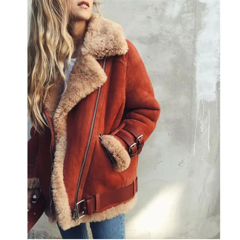 Женская замшевая кожаная куртка размера плюс 5XL, пальто с густым мехом, парка, Женская куртка-бомбер, женская куртка из ягненка, Женское зимнее пальто - Цвет: Красный