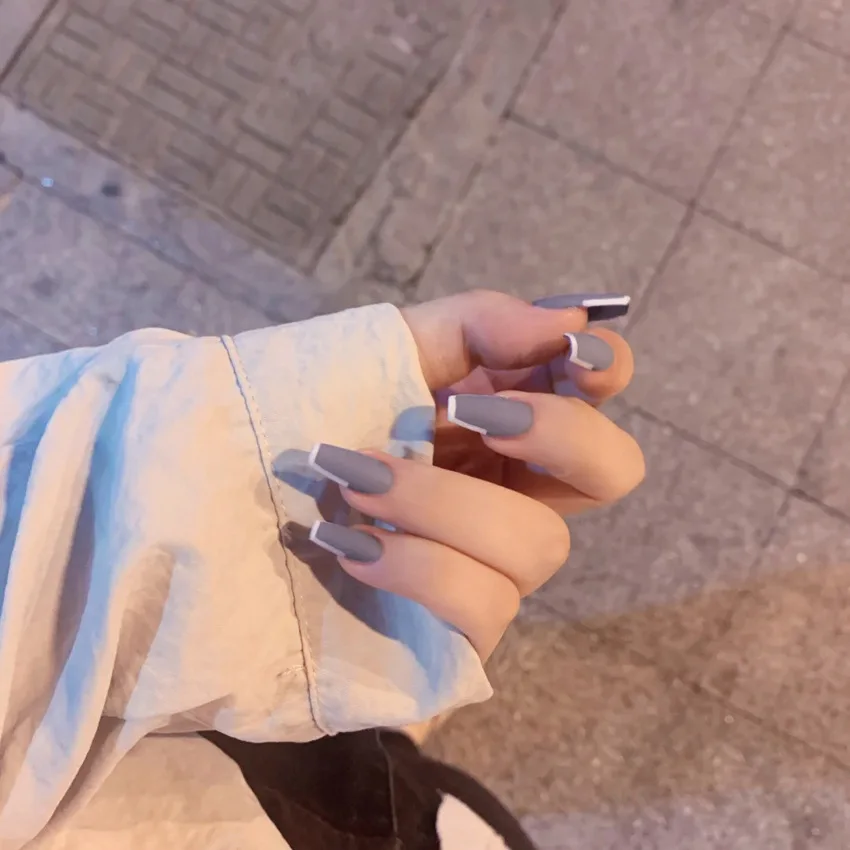 

24pcs French Long Style Fake Nails Cool Girl press on nails coffin Frosted Full Cover Wearable Nail Tips Nail Art Decoration