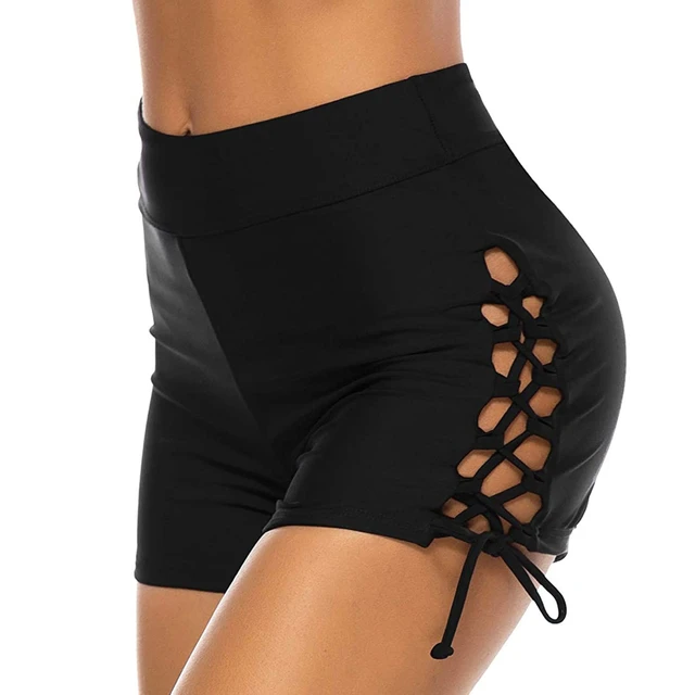 Women Hollow out Sports Shorts Sexy High Waisted Drawstring Swim
