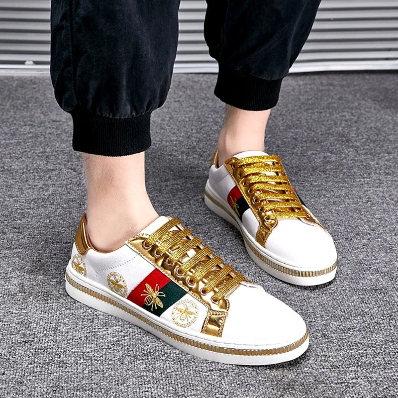 

Embroidery Bee Men Casual Shoes 2020 Men Sneakers Fashion PU Leather Platform White Men Shoes Gold Designer Unisex Sneakers