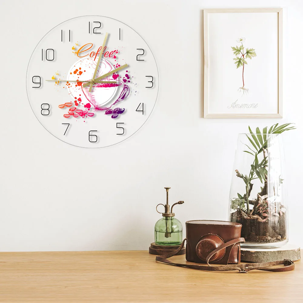 Coffee Theme Modern Acrylic Wall Clock Coffee House Cafe Bar Decorative Wall Sign Painted Coffee Beans And Cup Design Wall Watch