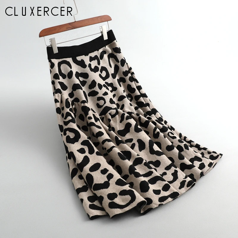 

Autumn Winter Women Leopard Skirt Elastic High Waist Knitting Femme Jupe Skirt Coffee Apricot Elegant A-Line Knit Skirt