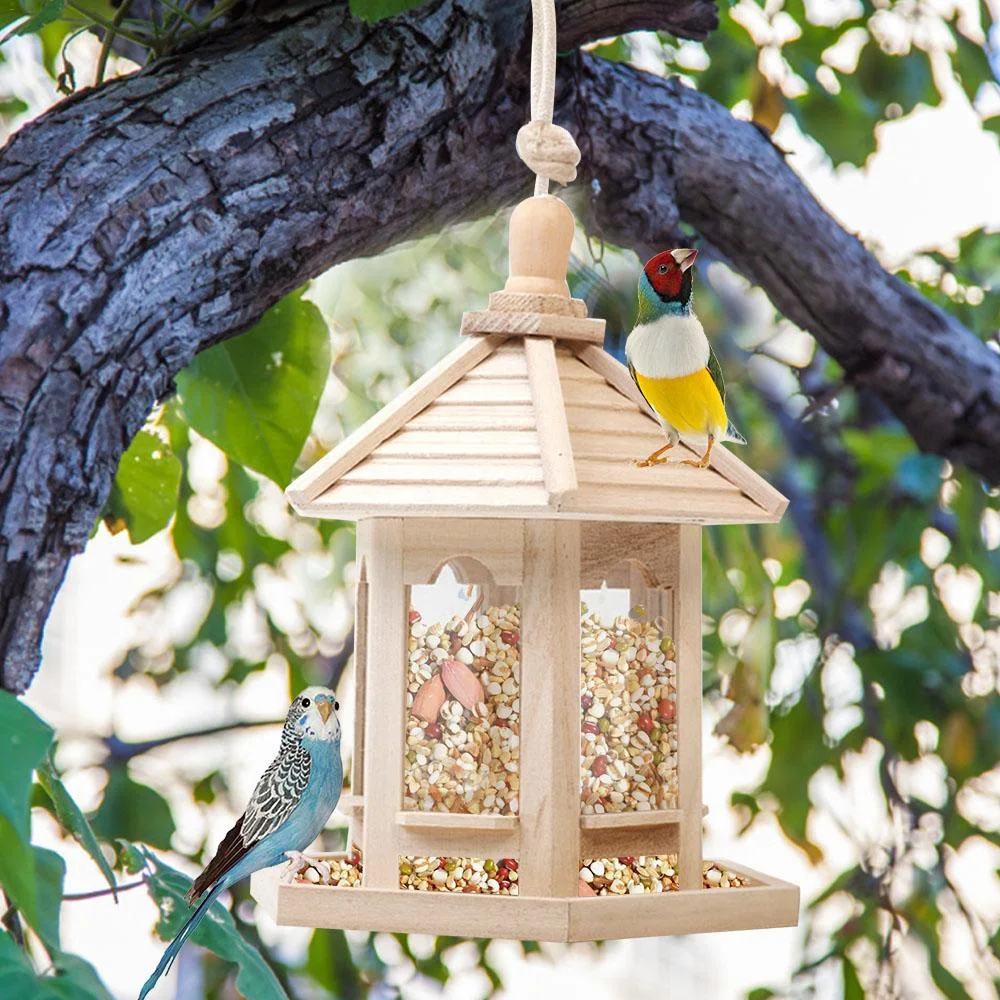 Wooden Bird Feeder Hanging for Garden Yard Decoration Hexagon Shaped With Roof 