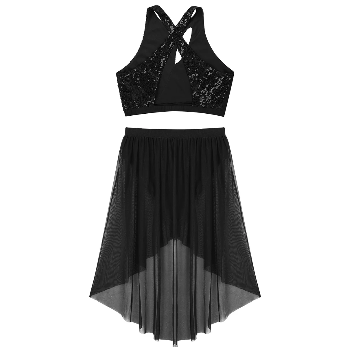 Женское платье для латинских танцев для взрослых, лирический костюм, ассиметричный Блестящий укороченный топ с высокой низкой юбкой, одежда для спортивной гимнастики