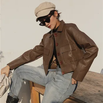 

WOMENGAGA 2019 Autumn And Winter New Products Fashion Lapel Single-breasted High-waist Slim Slim Leather Jacket B151