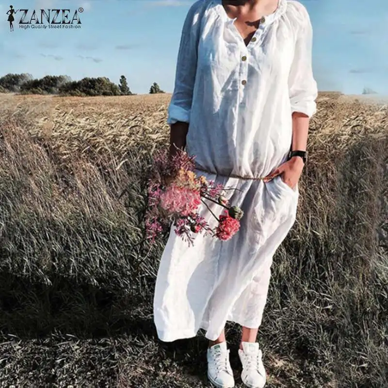 

Elegant Women's V Neck Sundress 2019 ZANZEA Cotton Shirt Dress Casual Long Sleeve Summer Maxi Vestidos Female Button Robe 5XL