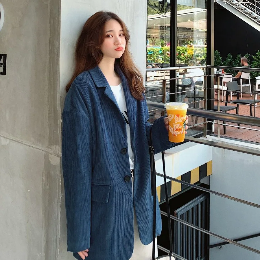 

Photo Shoot CHIC Elegant Ol Blue Corduroy Mid-length Loose Casual Large Size Single Breasted Small Suit Coat Women's