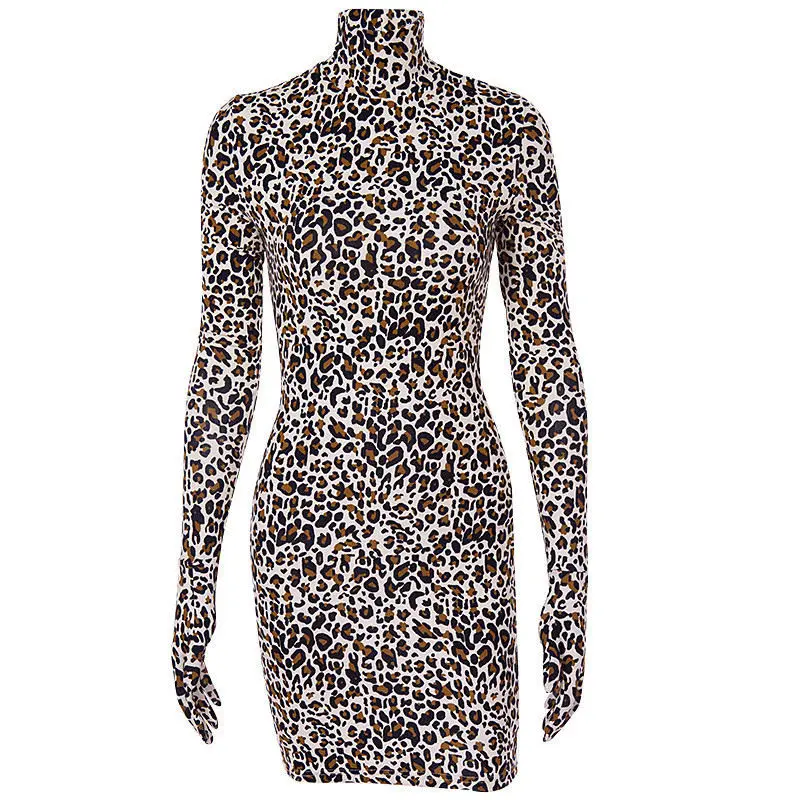 Hugcitar Леопардовый принт с длинным рукавом с перчатками Сексуальное мини платье осень зима Женская Клубная уличная одежда с высоким воротом