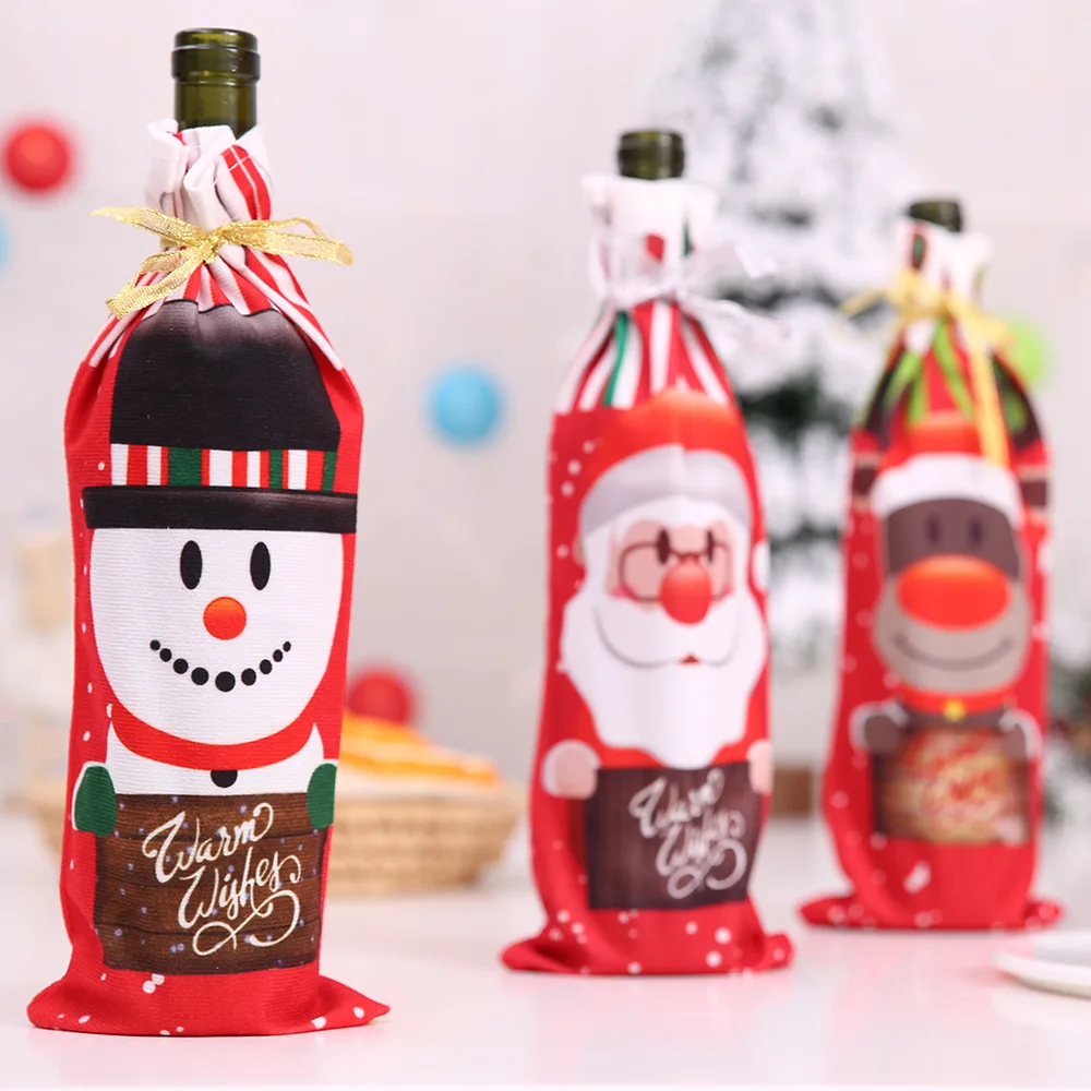 

Christmas Table Decor Dinner Party Red Wine Christmas Santa Tree Bottle Cover Bag Sets Bottle Decor for New Year Xmas Dinner
