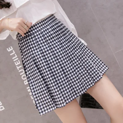 Летняя юбка Женская высокая талия клетчатая юбка в складку Повседневная мода Корейская уличная мода юбки шорты плюс размер - Цвет: BS2-lattice BLACK