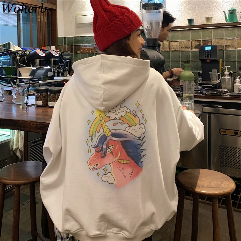 Woherb Harajuku уличная толстовка с капюшоном для женщин с рисунком животных Kpop Kawaii Толстовка для девочек Повседневный свободный жакет с капюшоном пальто