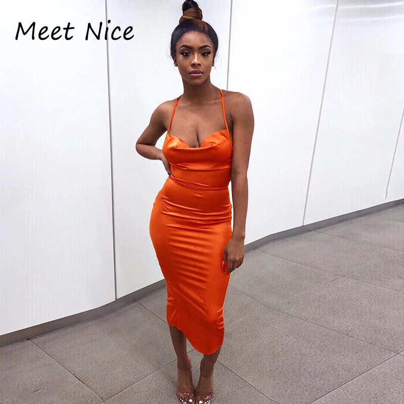 Оранжевое летнее платье для женщин на тонких бретельках шнуровке с открытой