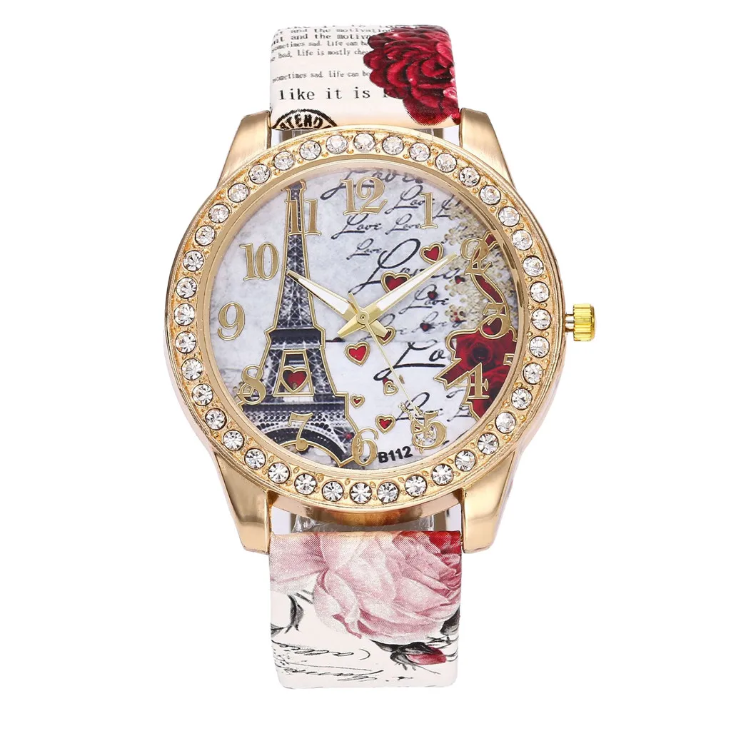 Винтажные женские модные часы с Эйфелевой башней и кристаллами, кожаный чехол из нержавеющей стали, кварцевые наручные часы Relogio Feminino Zegarek - Цвет: White