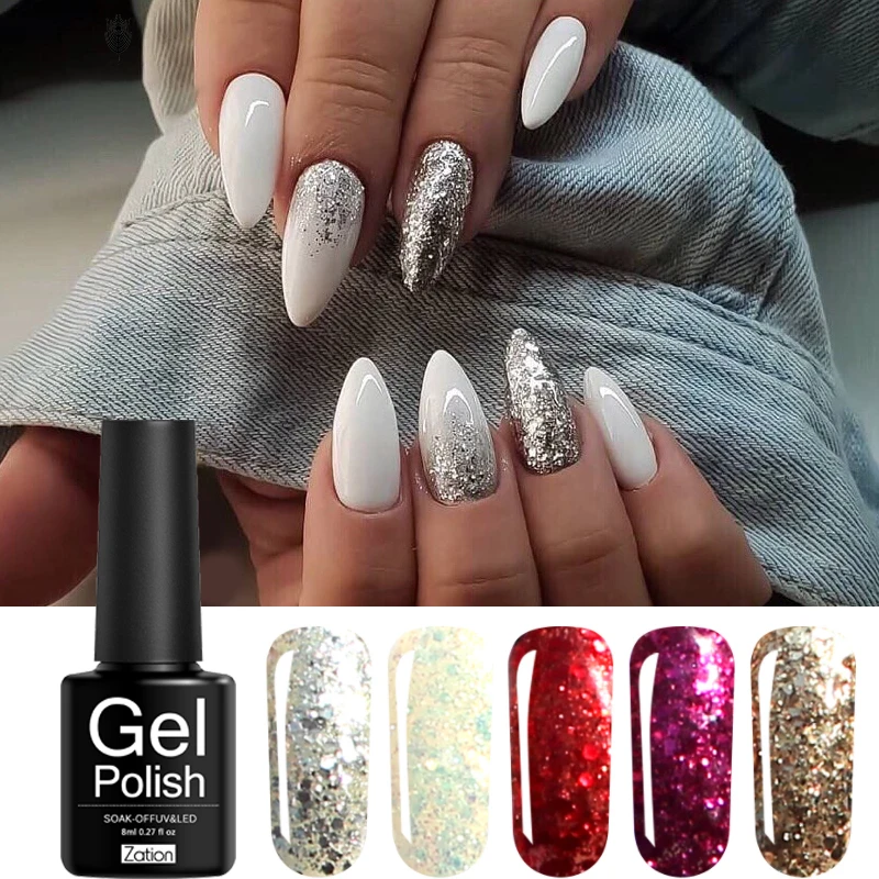

Zation 3D Diamond Nail Gel Gold Color Glitter Sliver UV Gel Nail Polish Sparkles Varnish Hybrid Soak Off Sequins Nail Art DIY