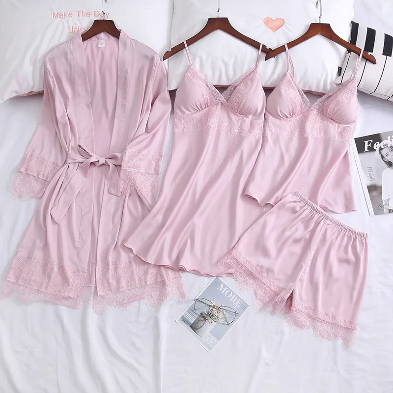 

Ladies nightgown ice silk sexy nightgown suspender nightdress four-piece suit with chest pad comfortable Homewear SP0006