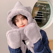 шапка New Autumn Winter Korean Version Knitted Rhinestone Thickened Scarf Gloves Integrated Plush Hat Lengthening Muffler