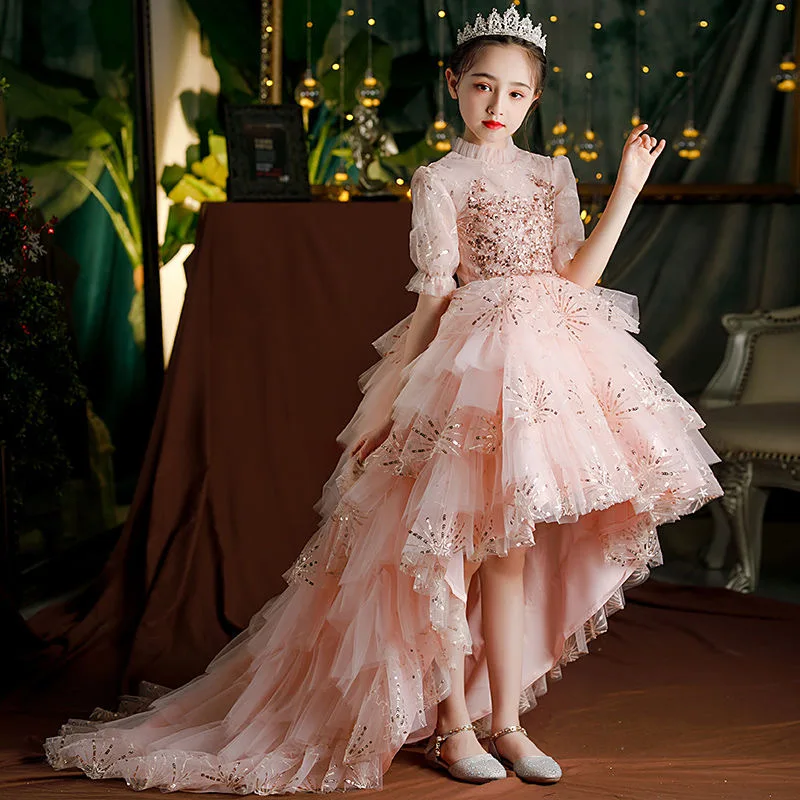 

Fluffy Flower Lace Evening Girl Dresses Sequin First Communion Princess Dress Trailing Tutu Costume Children Clothing Ball Gown