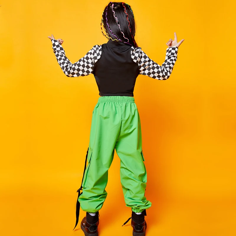 Детская одежда в стиле хип-хоп; свитер; Топ; флуоресцентные зеленые брюки для девочек; костюм для джазовых танцев; одежда для бальных танцев; SL1964
