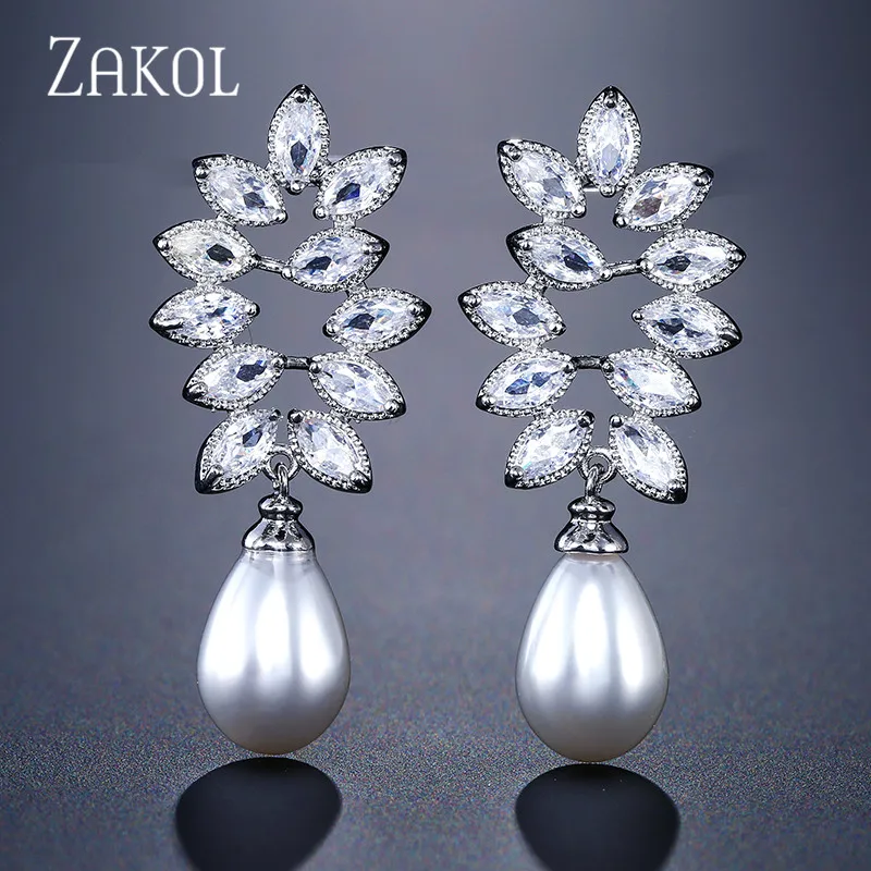 Женские серьги ZAKOL капельки с фианитом и искусственным жемчугом