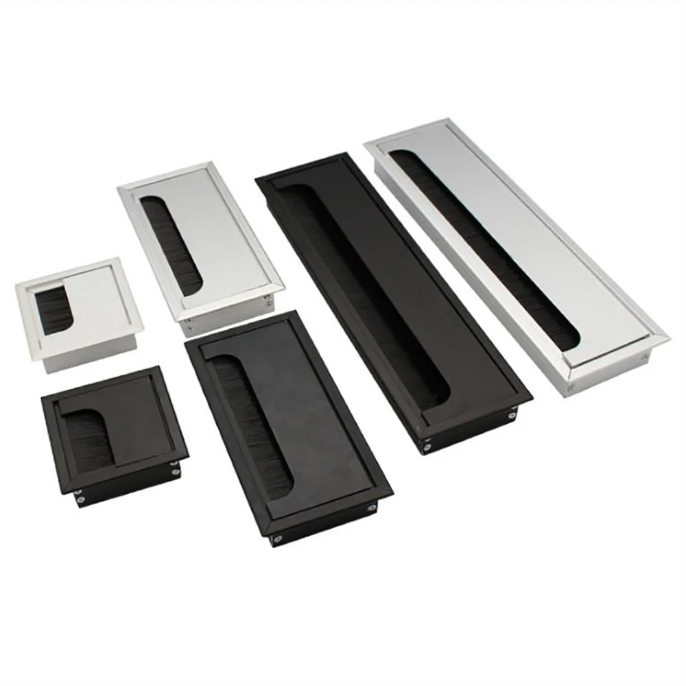 Description Picture 3 of item1PC Aluminum Alloy PC Desk Rectangle Wire Cable Office Table Hole Cover Outlet Port with Black Brush Cable Organizer