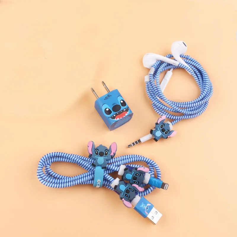 8pcs Disney Mickey Mouse Stitch Totoro Cable Winder Set Figure Doll Cartoon Charger Usb Cable Stickers Iphone Cable Protect Gift