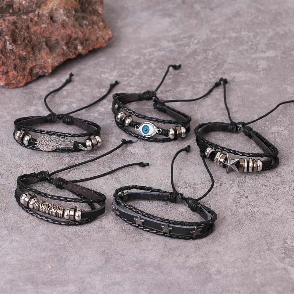 DAXI Punk Multilayer Leather Bracelet Set bracelet jewelry Eye Wings Star Charms Beads Bracelets For Man Party Gothic Jewelry Punk Wrap Wristband