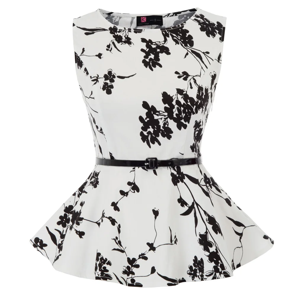 

Women's retro Floral Print Blouses Sleeveless Scoop Neck Belt Decorated Peplum Hem Tops elegant office work Top