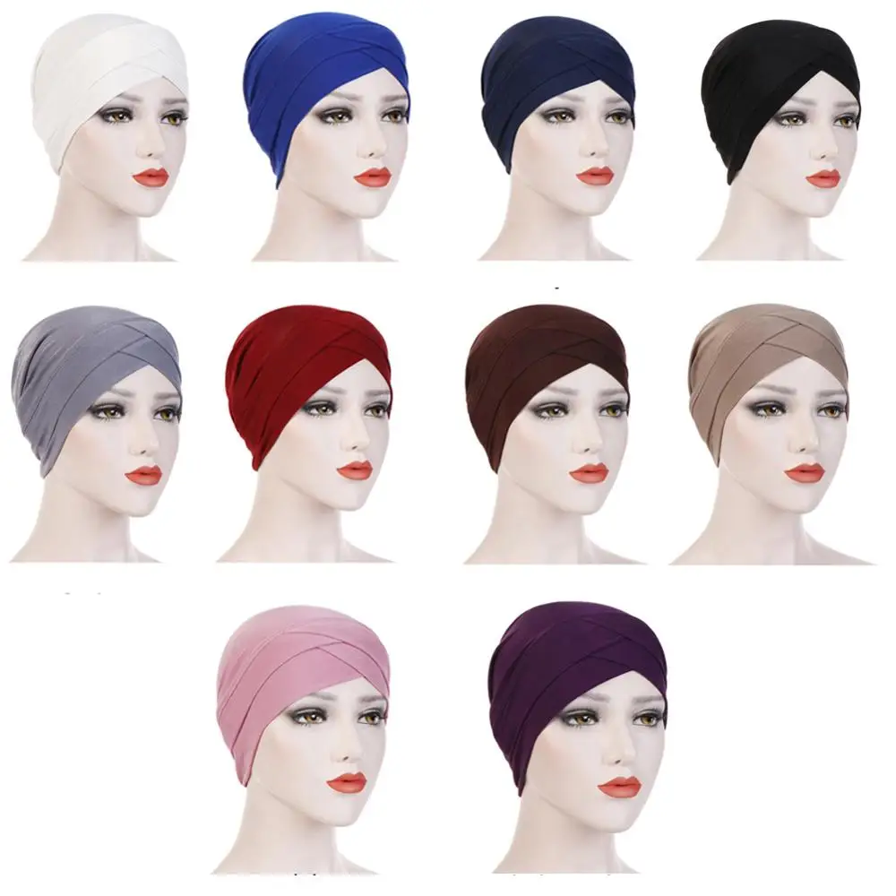 Женские Эластичные хиджабы шляпа тюрбан крест головы обертывание бандана для химиотерапии мусульманский шарф простые хиджабы шапки этнические черные синие шляпы головные уборы