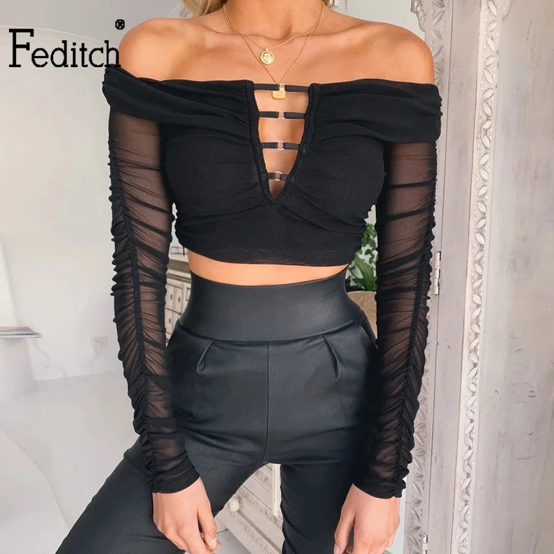 

Feditch 2019 Mesh Patchwork Women T Shirts Long Sleeve Slash Neck Sexy Crop Tops Hollow Out Black Streetwear T-shirts Blusas