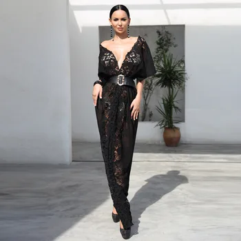 

2019 Women Sexy Deep V Lace Dresses Female Long Sleeve See Through Maxi Elegant Party Dress
