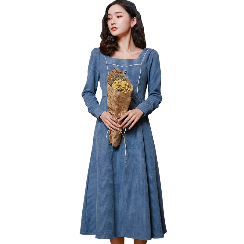 New Vintage Women dress Slim Intelligence Fume Long French Niche Corduroy Dresses Blue 829