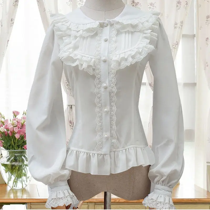 halloween costumes Spring and autumn blouse bubble long sleeve with Vintage Linen Chiffon back strap Lolita blouseA0018 sexy costumes for women