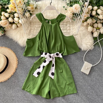 

2020 Boho halter neck Short sexy off shoulder bandage Jumpsuit Women Summer overalls casual Playsuit Beach Holiday Romper