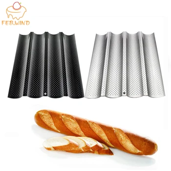 

FEBWIND 4/3 Rows Non-Stick French Bread Baking Tray for Baguette Perforated Bread Pan Loaf Silver Wave Baking Mold 068