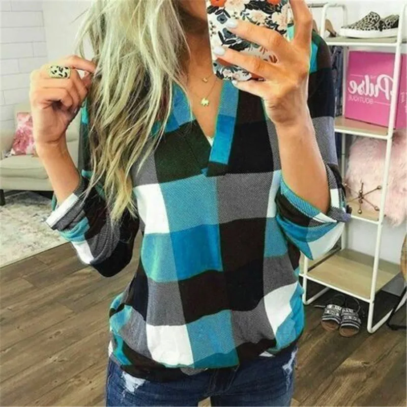 Большие размеры 3XL женские топы и блузки повседневные свободные длинные рукава с v-образным вырезом в клетку осенний топ Корейская одежда винтажные женские блузки в стиле бохо - Цвет: As Photo Show