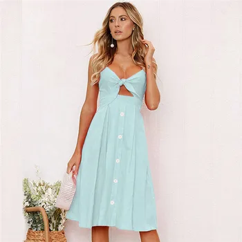 2021 Summer Fashion Sexy Print Lace Bowknot High Waist Dress Women's Adjustable Strapless Button V Neck Sling Pure Color Dress 7